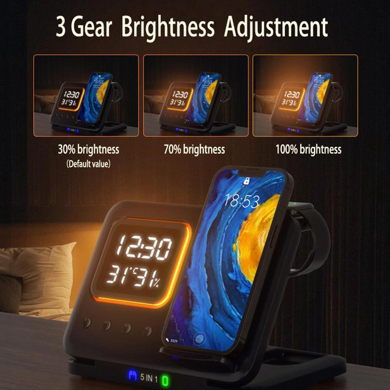 Wireless Charging Stand 5 In1 LED Digital Alarm Clock Fast Charging Dock Station