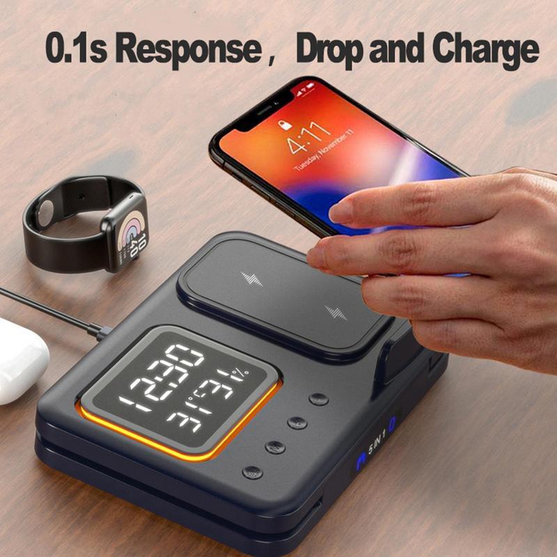 Wireless Charging Stand 5 In1 LED Digital Alarm Clock Fast Charging Dock Station