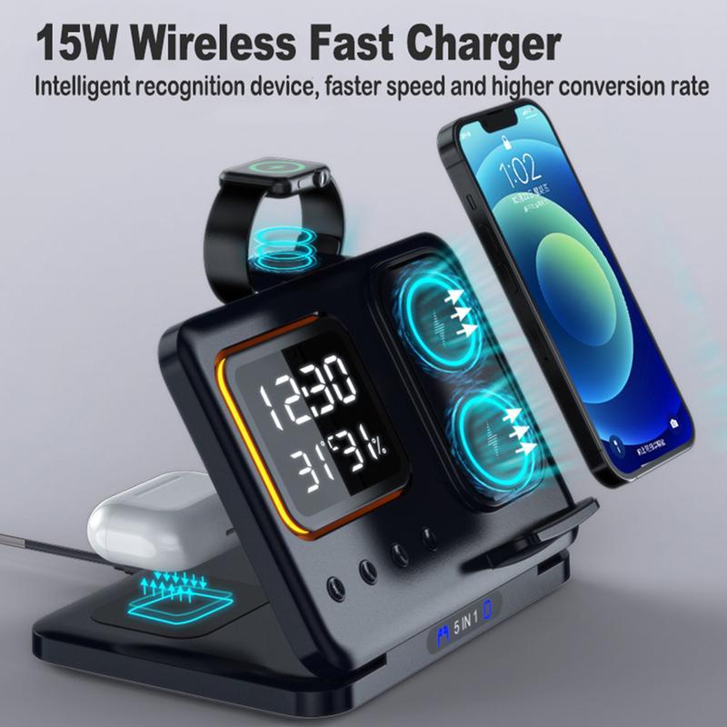 Wireless Charging Stand 5 In1 LED Digital Alarm Clock Fast Charging Dock Station