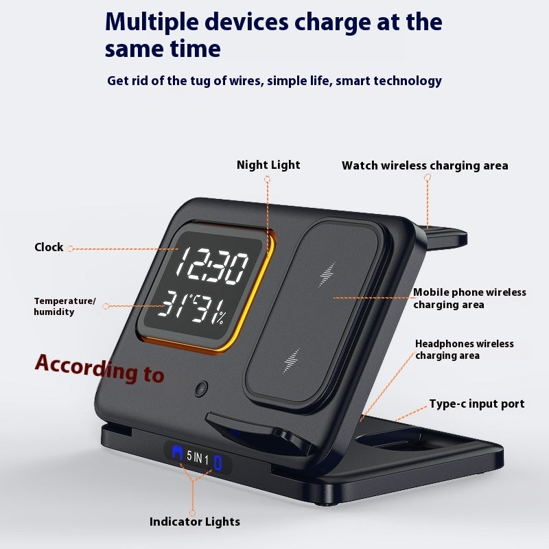 Wireless Charging Stand 5 In1 LED Digital Alarm Clock Fast Charging Dock Station