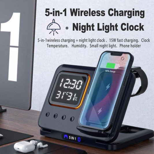 Wireless Charging Stand 5 In1 LED Digital Alarm Clock Fast Charging Dock Station